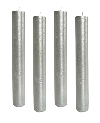 4er Pack Rustikale Stabkerzen H:24 cm Ø:3,4 cm - 24 Stunden Brenndauer - dicke Kerzen Dinnerkerzen Tafelkerzen Kirchenkerzen, Farbe:Silber