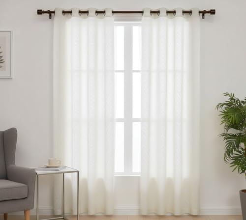 Image of Net Curtains Semi Transparent Sheer Curtain /Zigzag Pattern Door Curtain 7 Feet Long Set of 2 Pcs, Window, Long Door, Living Room Parde, Cream Color
