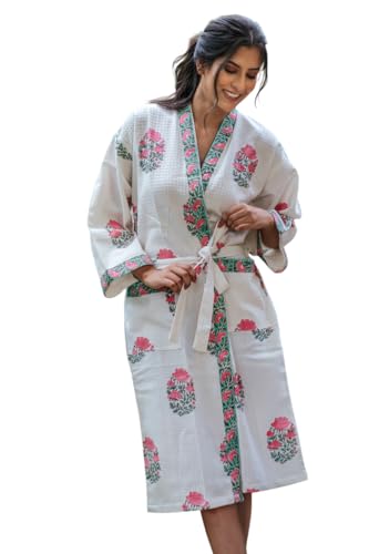 Image of Hand Block Print Premium Waffle Cotton Fabric White Bathrobe For Women's Absorbent & Soft Bathing Gown