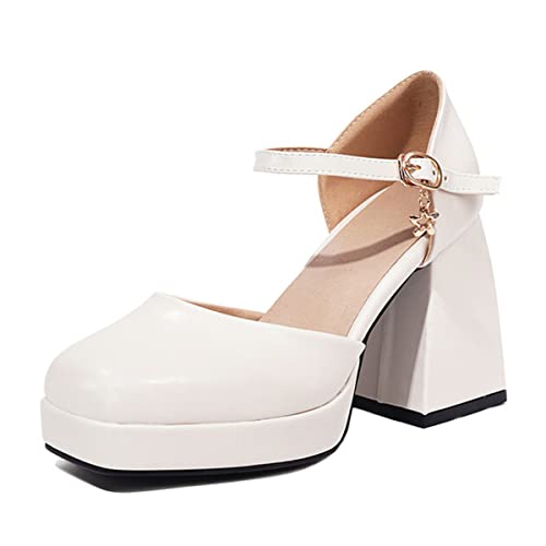 CoceMoce Trendy Chunky Platform Heels for Women Thick Block High Heel Pumps Closed Square Toe Ankle Strap Dressy Shoes Evening Party Work Office Dancing Wedding