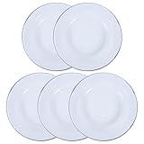 jojofuny Platos Esmaltados Vintage 5 Piezas Redondos Borde Azul de 24 CM para Cenas Familiares y Aperitivos Calientes, Resistentes al Calor y Fáciles de Limpiar