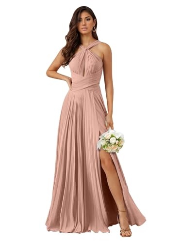 Chiffon Halter Bridesmaid Dresses for Women Ruched Formal Dress A Line Evening Party Gown with Slit