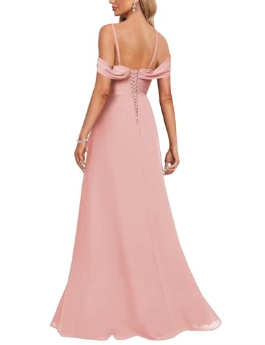 Rjer Off Shoulder Bridesmaid Dress for Women Chiffon Pleated Ruffle V Neck Formal Prom Dress with Slit2