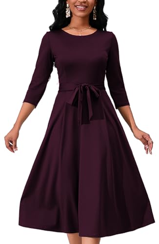 Image of PerZeal Women's Caual Midi Dress 3 /4 Sleeve Crewneck A-line Swing Dress for Women with Belt for Wedding Guest & Cocktail Party Burgundy XXX-Large