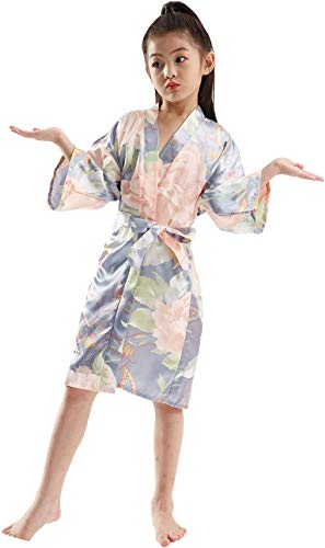 Girls Floral Silk Kimono Robe Wedding Flower Girl Robes Dressing Gown Bathrobes Housecoat Silver Gray #TOP1
