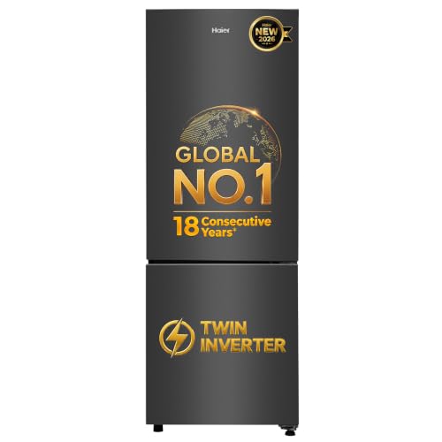 Image of Haier 237 L 2 Star Frost Free Twin Inverter Double Door Bottom Mount Refrigerator with Extra Spacious 2X Veg Box (HEB-242EGBA-P, GE Black, 2026 Model)