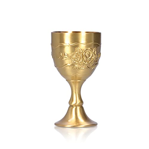 Brass Goblet Chalice, Vintage Embossed Engraving Flower Pattern Wine Glasses Cup Communion Chalice for Home Party Bar (L)