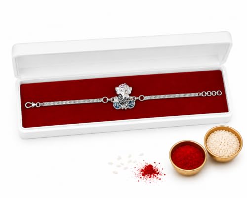 Image of Ganesha Silver Rakhi for brother /Rakhi for brother /Silver Bracelet with velvet gift box,roli,chawal for bhai,bro,bhaiya,kids /om trishul(1076)