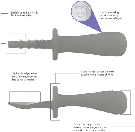 TalkTools ITSY Tiny Silicone Spoons – Twin Pack Soft Silicone Self-Feeding Training Spoons for Kids & Toddlers, Anti-Choking Flange Guard and Non-Slip Handle (Cloud)