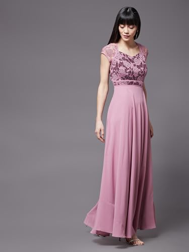 Image of Miss Chase Women's V-Neck Full Sleeve Self Design Lace-Overlaid Georgette Maxi Dress