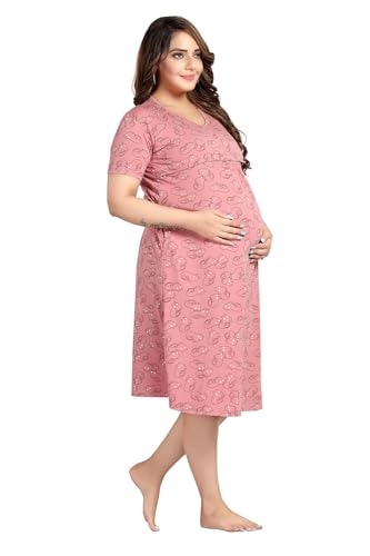 Image of Fabme Women's Above Knee Length Printed Pre and Post Pregnancy Pure Cotton Nursing Nightdress Nighty