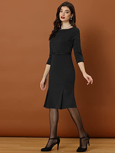 Allegra K Business Elegant Funeral Dresses for Women's Boat Neck 3/4 Sleeve Pleated Modest Midi Dress4