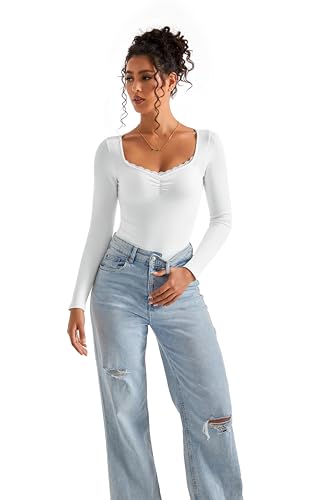 Image of SUUKSESS Women Sweetheart V Neck Long Sleeve Tops Lace Trim Ribbed Modal Fall Going Out Shirts