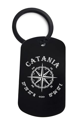 Generisch Catania Italia Coordenadas Viaje Ciudad Acero Inoxidable Llavero Etiqueta - Elegante Metal Llavero Accesorios para Bolsa de Gimnasia Llave de Coche Mochila