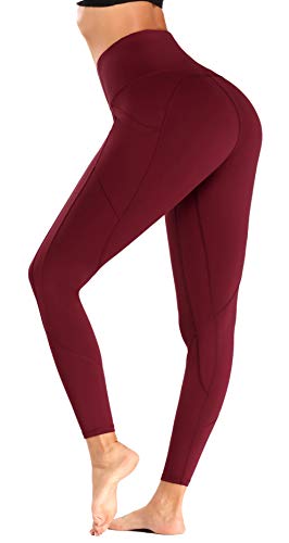 Olacia Yoga Pants Leggings with Pockets, High Waisted Tummy Control Workout Leggings for Womens,Red Wine, Large