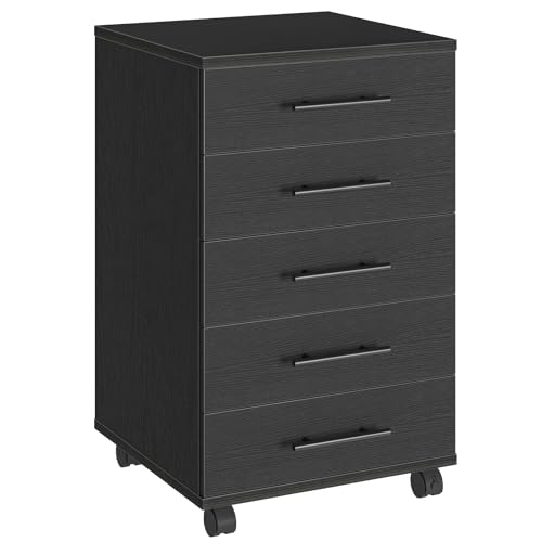 Image of HOOBRO 5-Drawer File Cabinet, Office Cabinet with Drawers, Wooden Storage Cabinet with Wheels for Makeup, Home Office, Study, Easy Assembly, Black BK05WJ01
