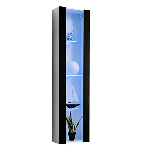 MB Muebles Bonitos, Vetrina Pensile Nora V5, Soggiorno Moderno, LED, Bianco Nero, 40x170x29cm