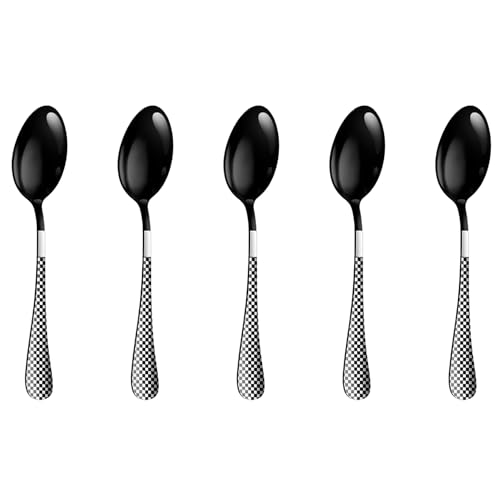 Image of 6.7 inch Charcoal Black Dessert Spoons Set of 5 with Checks Printed Handle ? Durable Stainless Steel Teaspoons, Mirror Polished Silverware Spoons, Perfect for Home, Restaurant, and Gifting