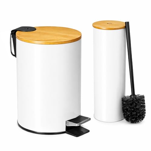 TIENDA EURASIA – Set de Baño Papelera 3L + Escobillero | Metal con Tapa de Bambú | Cubo Interior Extraíble | Papelera con Pedal y Asa para Transportar | Diseño Moderno | para Baño (Blanco)