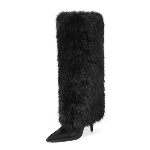 Womens Knee High Fur Boots Pointed Toe Fuzzy High Heel Dressy Fold Over Tall Boot for Women
