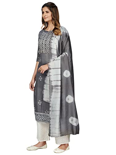 Image of Vbuyz Women's Printed & Embroidered Straight Cotton Stitched Kurta With Dupatta
