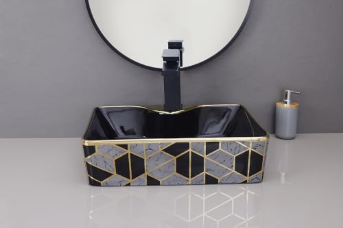 Image of HARDSTONE Black & Gold Ceramic Wash Basin 19x15x5 Inches