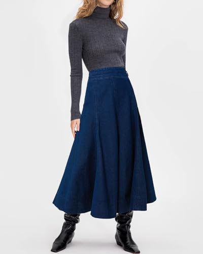Women's Flowy Denim Skirts A Line High Waist Pleated Long Maxi Midi Flare Jean Skirts2