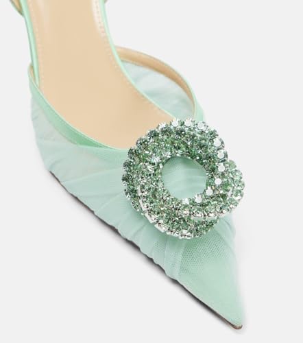 Women's Elegant Slingback Pumps Sparkly Rhinestone Embellished Tulle Sandals Pointed Toe Kitten High Heels for Wedding Party Prom Evening Shows2