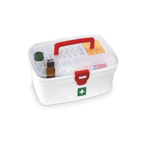 Image of EMNDR 2 Layers Portable Medicine Storage Box Organizer with Compartments Family Emergency Kit Storage Box with Clear Cover, Rectangular