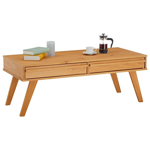 IDIMEX Table Basse Jona Style scandinave Table de Salon rectangulaire avec 2 tiroirs, en pin Massif lasuré Brun