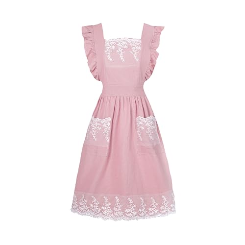 Aoomzoon Vintage Aprons for Woman with Pockets Cute Lace Ruffle Adjustable Apron for Cooking Kitchen Baking Gardening (Pink)