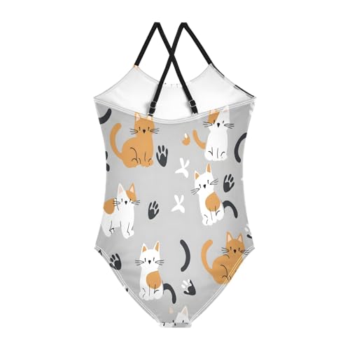 Girl's One Piece Swimsuit Cat and Gray Background Beach Bathing Swimwear2