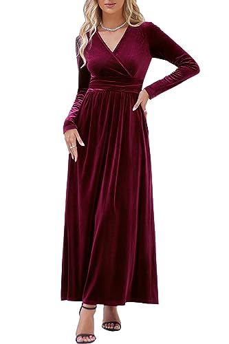 OUGES Women's Long/Short Sleeve V-Neck Wrap Waist Maxi Dress