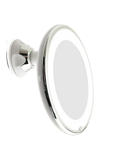 JiBen LED Lighted 5X Magnifying Makeup Mirror with Power Locking Suction Cup, Bright Diffused Light and 360 Degree Rotating Adjustable Arm, Portable Cordless Home and Travel Bathroom Vanity Mirror