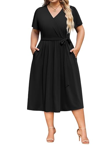 IN'VOLAND Plus Size Black Dress Spring Floral Short Sleeve Dresses Vneck Summer Midi Dress with Waist Belt 2026