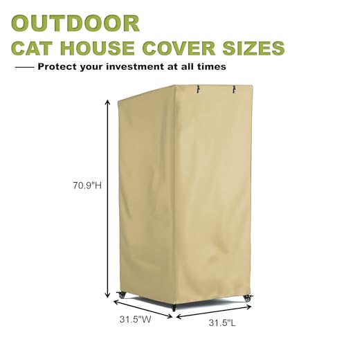 Image of Outdoor Cat House Cover - Extremely Waterproof Feral Cattery Enclosure - Large Cat Cage Condo - 32 inch L x 32 inch W x 71 inch H, Khaki