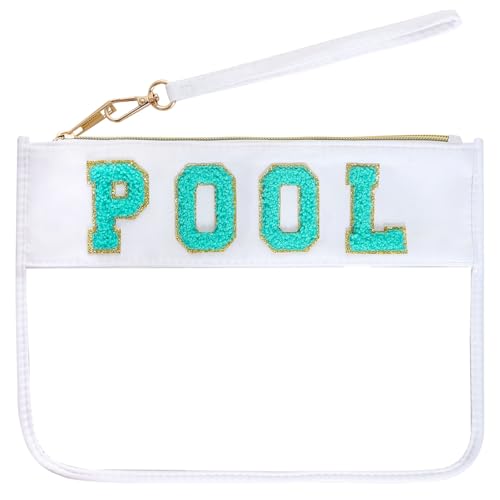 Hmxpls Chenille Letter Bag Multi-purpose Nylon Clear Makeup Cosmetic Bags Flat Pouches with Zipper for Travel Gym Beach (White-Pool)