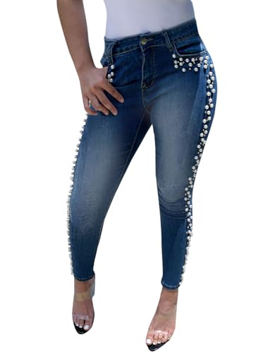 LifeShe Women's Pearls Jeans Mid Waisted Skinny Denim Pants Stretch Slimming Jeggings Plus Size2