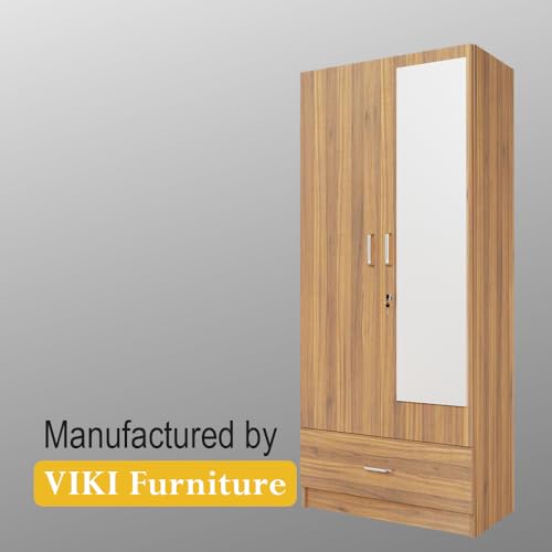 Image of VIKI Wardrobe |Wooden Almirah for 2 Door Wardrobe with 1 Drawer & Hanging Space with Mirror (Brussel Walnut - 40D x 80W x 180.8H) | 1 Year Warranty | Free Assembly