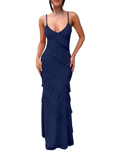 Image of HOCILLE Women's Sexy V Neck Backless Bodycon Spaghetti Strap Elegant Ruffle Maxi Cocktail Party Dresses
