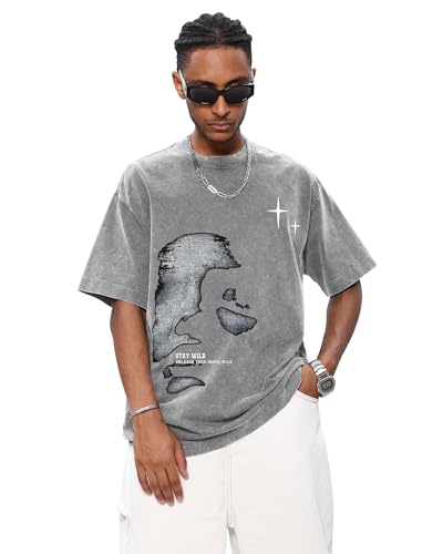 Men's Letter Graphic T Shirts Oversized Drop Shoulder Short Sleeve Vintage Streetwear Crew Neck Casual Tee Top4