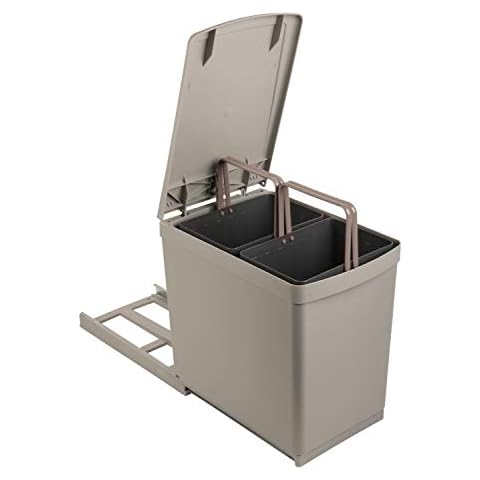 Sanitop-Wingenroth 28014 3 Extendable Kitchen Waste Bin 2 x 7.5 L, 2-Section Divider System, Built-In Bin, 15 Litre Waste System Waste Collector, Lid Lifter, Floor Mounting, Plastic, Grey Cover