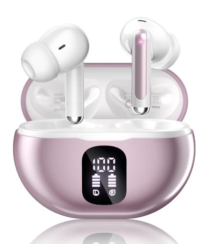 Image of Wireless Earbuds, Bluetooth 5.4 Ear Buds Bass Stereo, Headphones with Noise Cancelling Mic, LED Display in Ear Earphones Clear Calls, IP7 Waterproof Bluetooth Earbuds for Phone /Android /iPad, Rose Gold