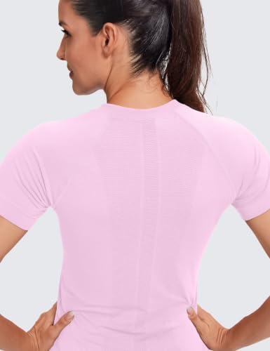 Image of MathCat Seamless Short Sleeve Workout Tops for Women | Breathable, Moisture-Wick, Soft, High Stretch, Chafe-Free, Waist Length, Slim Fit, Athletic T-Shirt