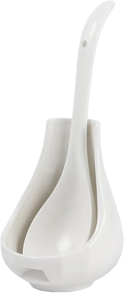 Luxshiny Large Ceramic Soup Spoon with Spoon Rest Porcelain Rice Porridge Ladle for Kitchen Serving and Tabletop Utensil Holder 8.85X2.55X0.78In