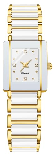 BESTKANG Vintage Square Ceramic Ladies Quartz Watch with Diamond Accents, Waterproof, Elegant Women's Wrist Watch (White Gold)