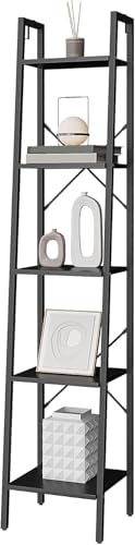 Image of Hzuaneri 5-Tier Ladder Shelf, Narrow Bookshelf, Corner Storage Shelves, Freestanding Bookcase with 2 Hooks for Home Office, Living Room, Kitchen, Bedroom, Industrial, Black BC03204B