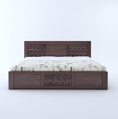 Image of Ganpati Arts Solid Sheesham Wood Queen Size Raj Bed with Box Storage | Wooden Double Bed Cot Palang Fruniture for Bedroom Living Room and Home (Walnut Finish) 1 Year Warranty