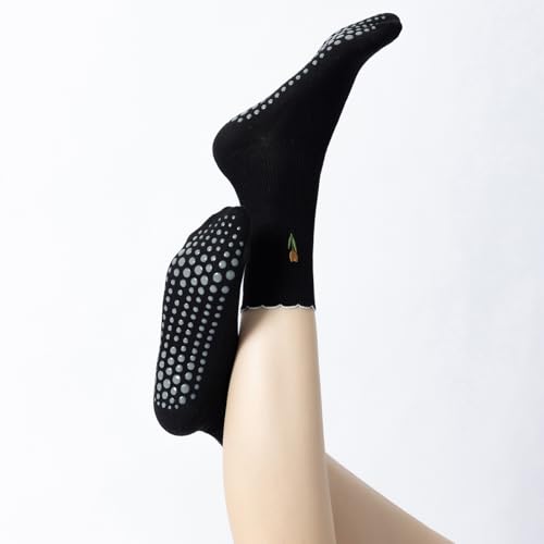 Image of Verdancy Yoga Pilates Socks with Non-Slip Grips Ruffle Trim Tulip Embroidered Cushioned Crew Socks for Barre Ballet Dance