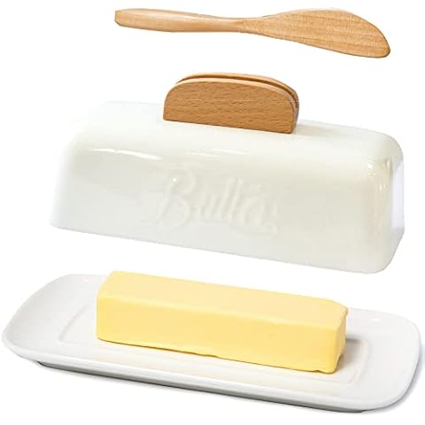 AISBUGUR Butter Dish with Lid and Knife Ceramic Butter Holder for Counter, Humanized Clamp-able Knife Handle Design, Perfect for East West Coast Butter, White Cover